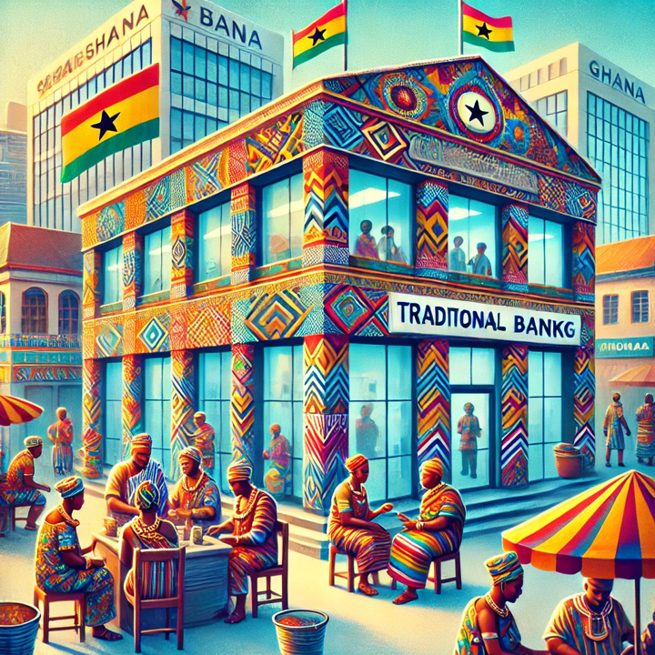 Modern bank building with traditional Ghanaian symbols and patterns, people in traditional attire interacting, and a bustling cityscape with market stalls in the background, showcasing the blend of modern and traditional elements in Ghana's banking sector